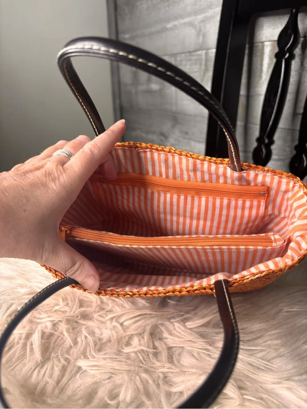 Small Orange Woven wicker summer Tote Bag with Black Handles striped interior
